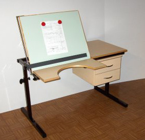 Adjustable table with a fixed working surface and a cut-out